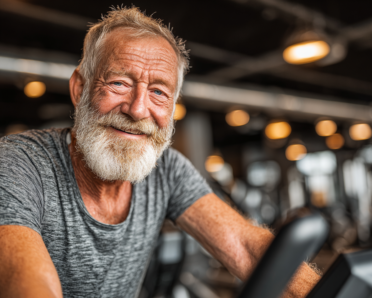 Старша людина використовує планшет для фітнесу